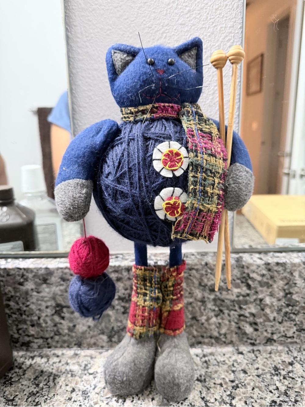 Handmade Navy Wool Cat Figurine with Knitting Needles